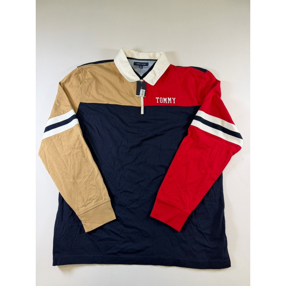 Tommy Hilfiger Mens Rugby Quarter Zip Polo Shirt XL Color Block Long Sleeve NWT